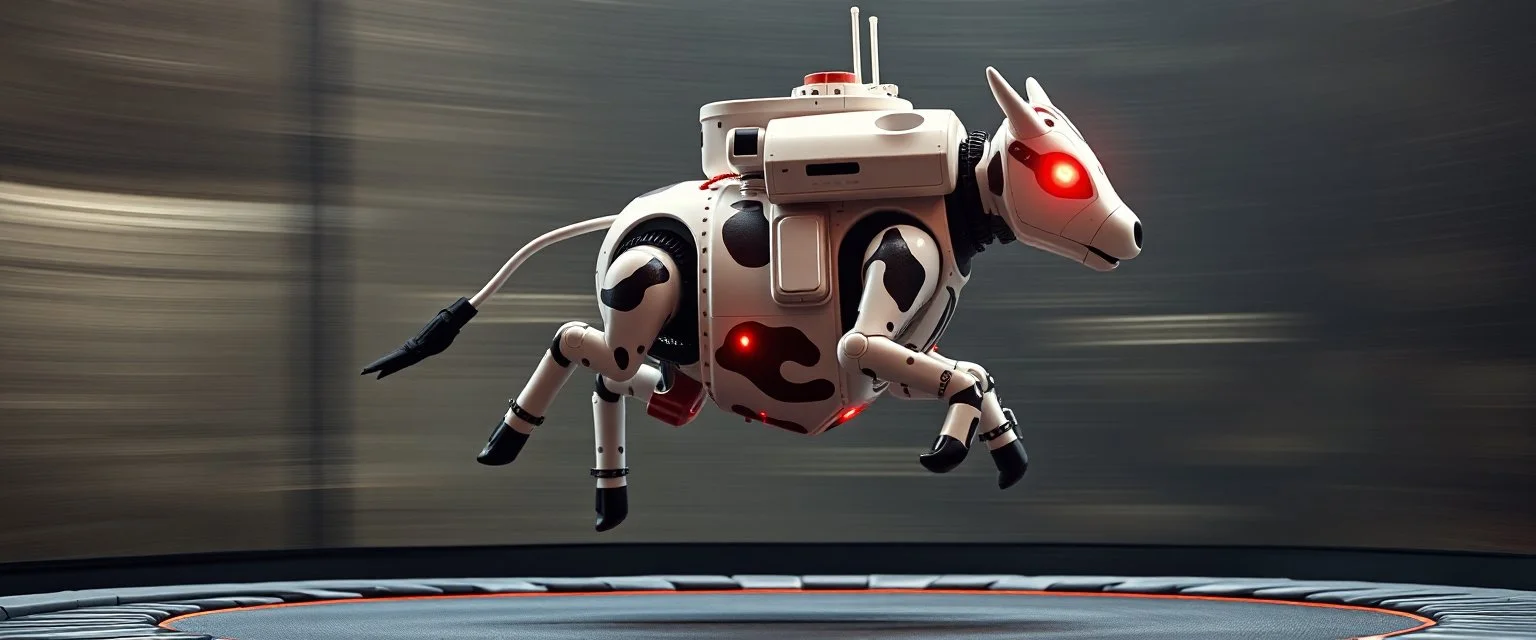 blind contour robot cow like space ship massage master guru fast moving motion blur background, jumping on trampoline
