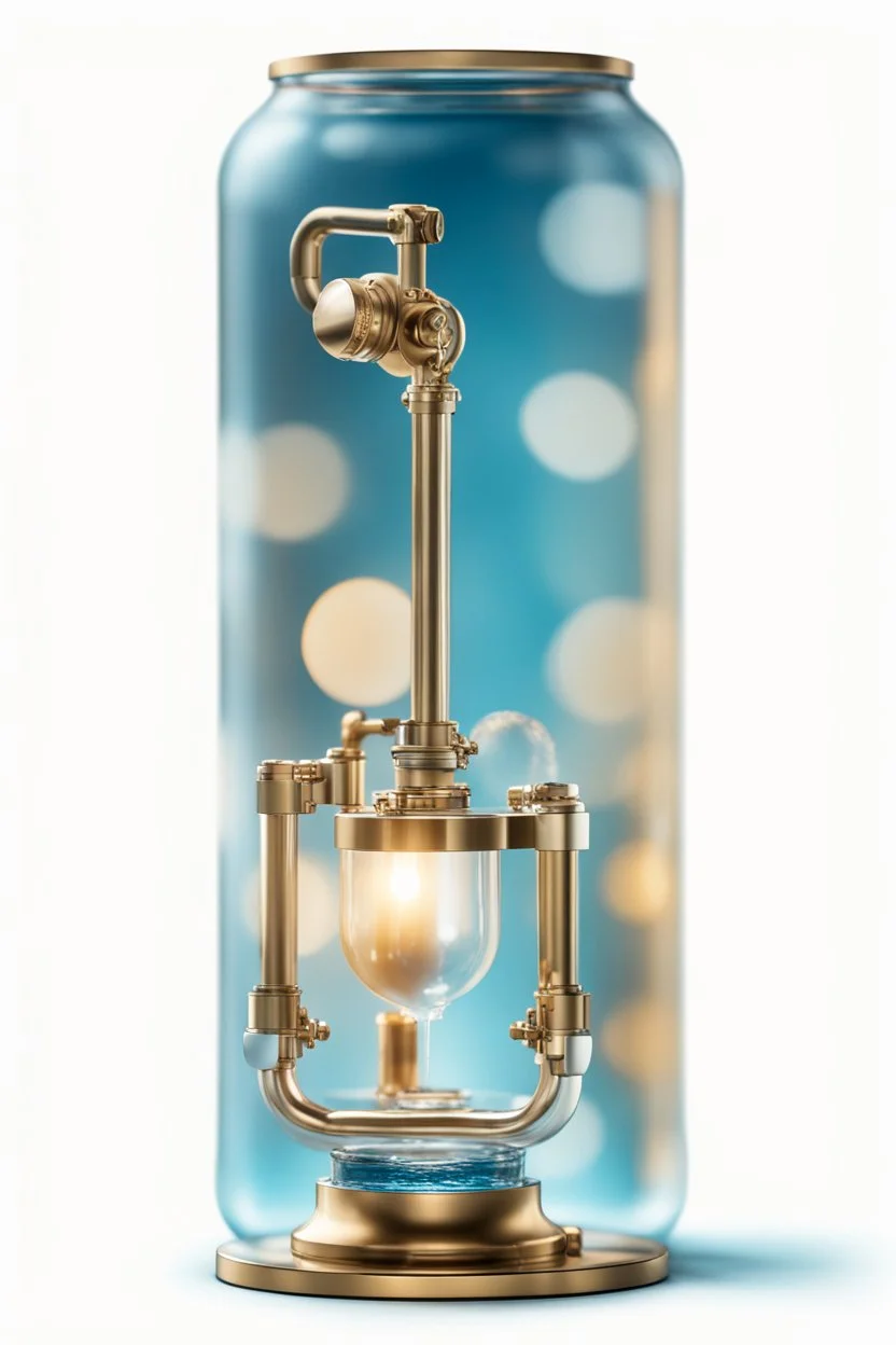 create a high quality poster from a brass water manifold for product reveal with professional photography techniques , semi ocean blue background, a dreamy blurred with bokeh background ,with excellent warm lighting, on a luxury scenes in a studio ,bulbs of clear water , on a pice of vevlet