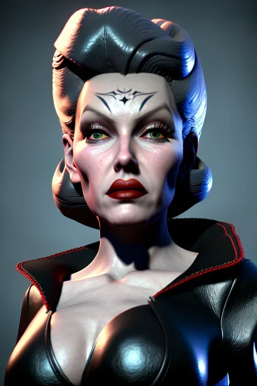 Lana Turner as evil queen in black leather, leather, busty, cleavage, angry, stern look. character design by cory loftis, fenghua zhong, ryohei hase, ismail inceoglu and ruan jia. unreal engine 5, artistic lighting, highly detailed, photorealistic, fantasy