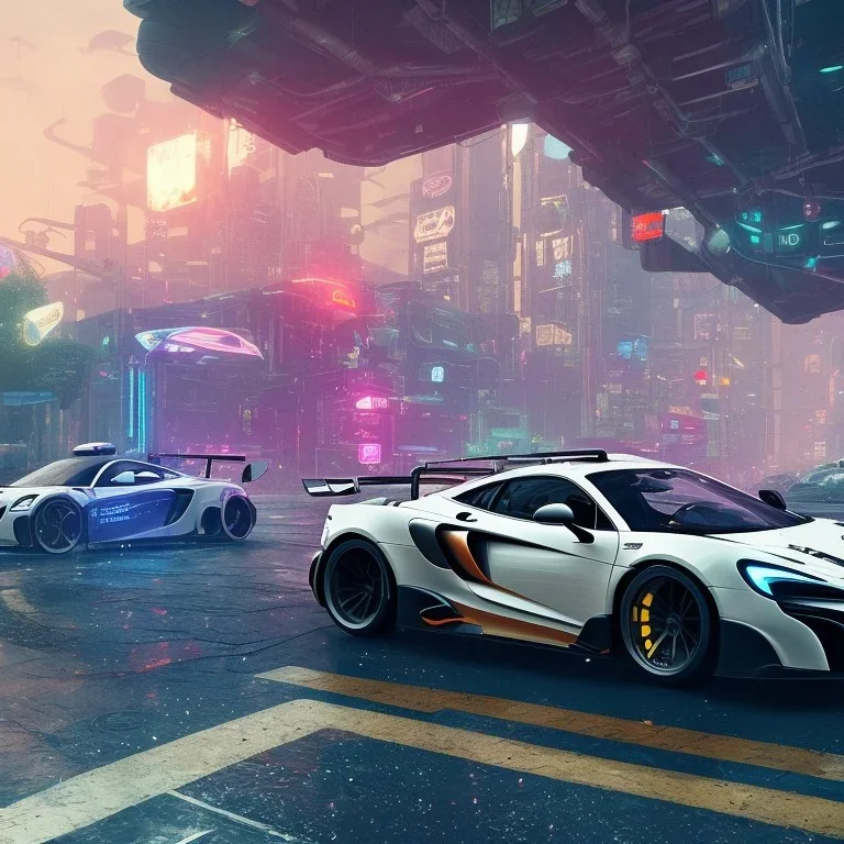 a white Mclaren 675LT in cyberpunk 2077 city in the rain