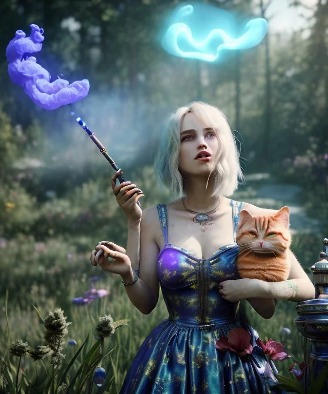 Ultra realistic wonderland photo, happy blonde woman smoking a shisha, blue dress, purple-cat friend, circus dress style, old school tattoo, smoke, marijuana garden, glow eyes, perfect iris, soft color, highly detailed, unreal engine 5, cinematic, ultra detail, volumetric lighting, high definition.