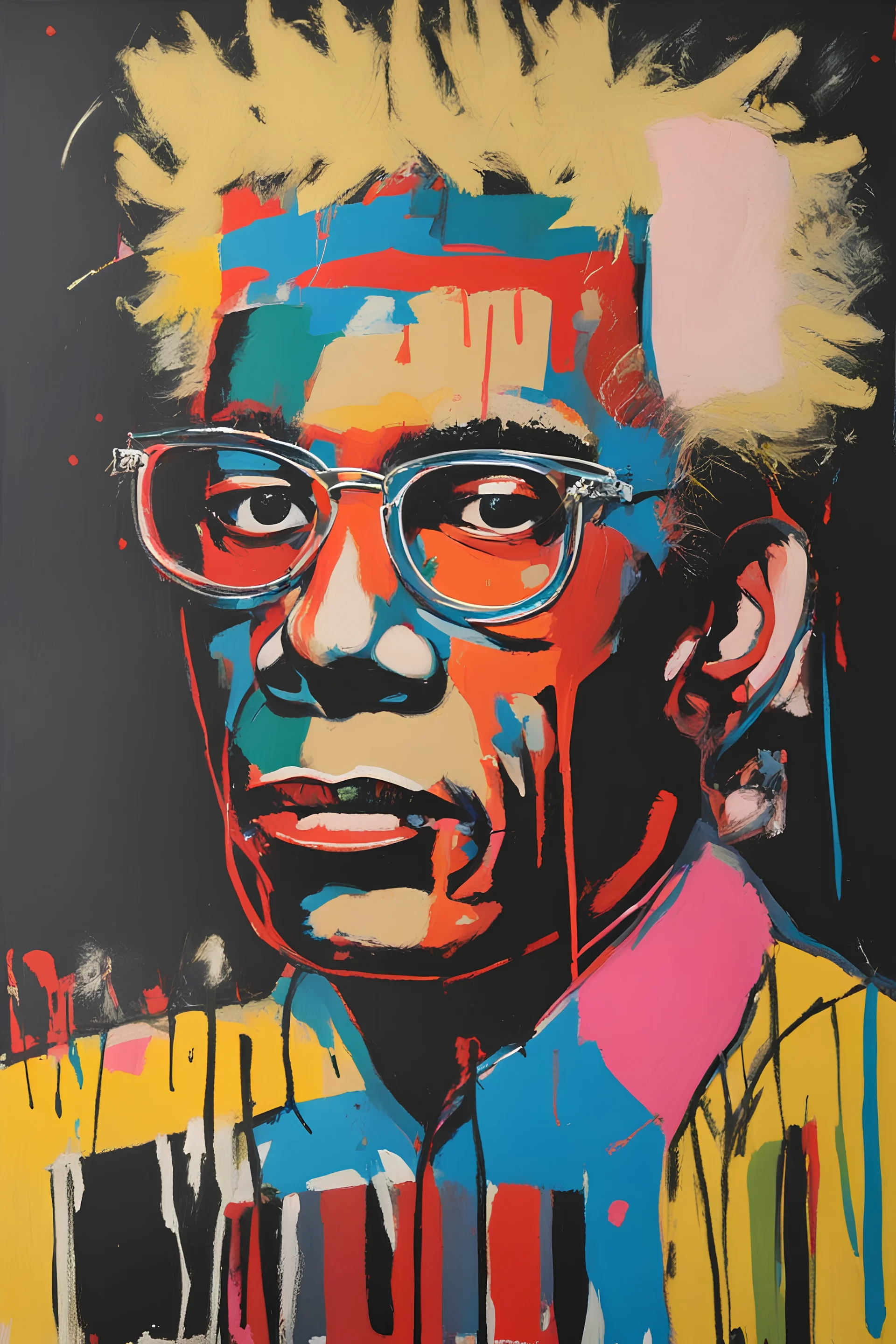 Create an abstract collage portrait of Andy Warhol in the style of Jean michel basquiat, oil and acrylic painting on canvas, close-up, bizarre art, album cover art, whimsical, bold brush strokes, oil stick, (white crayon outlines), (black grunge background), colourful, graphic marker pen, (neo-expressionism),rich colour palette, pop art, abstract portrait, expressive lines, graffiti street art, cgsociety, detailed, impasto, acrylic paint splatter, focused, abstract art, vivid