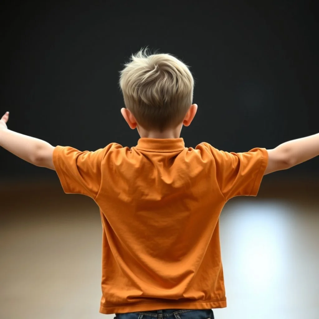 15 year old boy from behind with arms extended slightly down