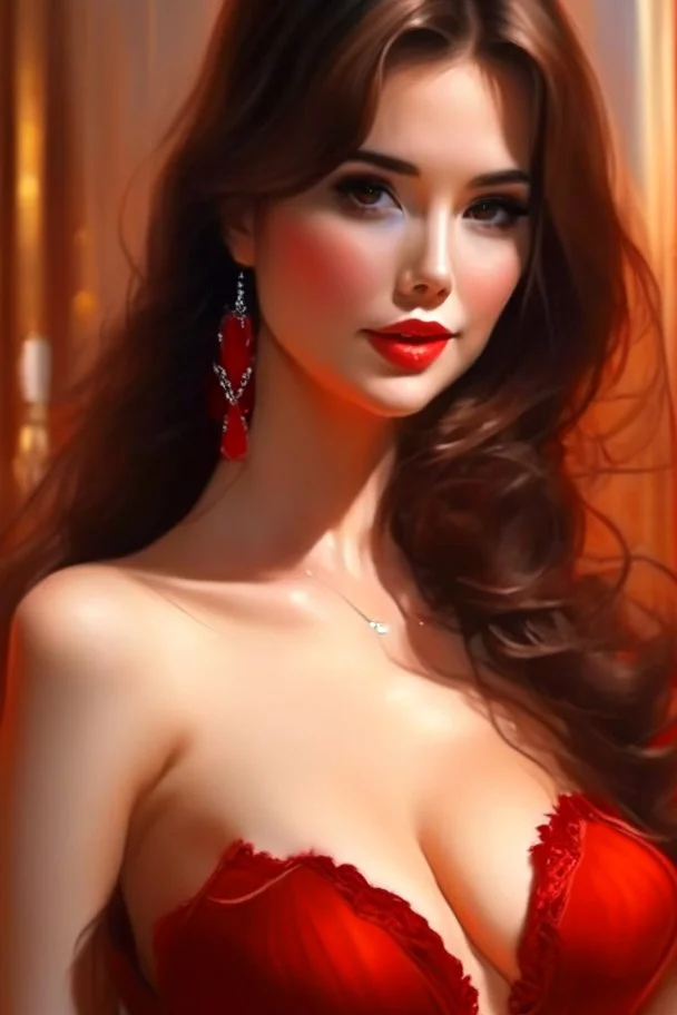 A stunning, seductive woman in a fiery red dress, casting a shy glance over her shoulder.