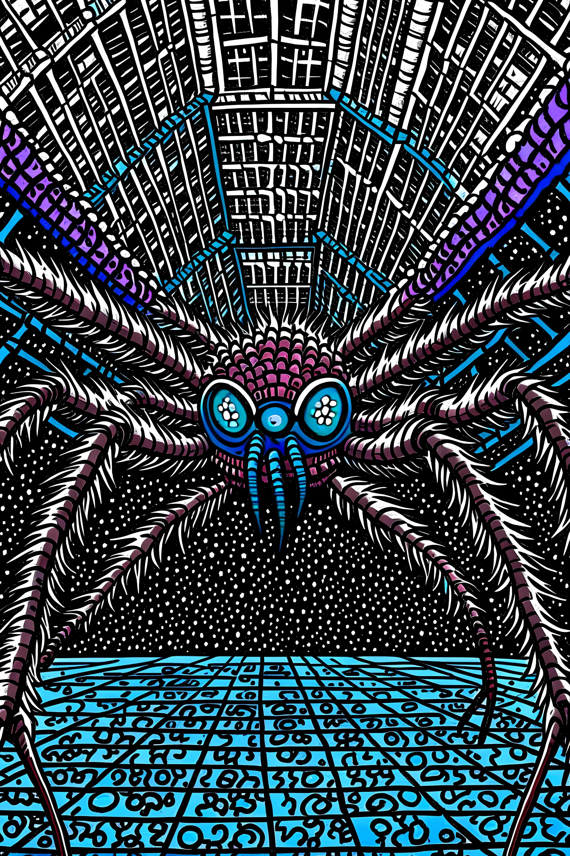 Giant brown spider with a blue pattern design, eight bulging eyes showing anger, it crawls across a large building, weaving a spiderweb that looks like a vortex , comic book style illustration, graphic novel style, shading and light, cartoonist, absurd surrealism , highly detailed