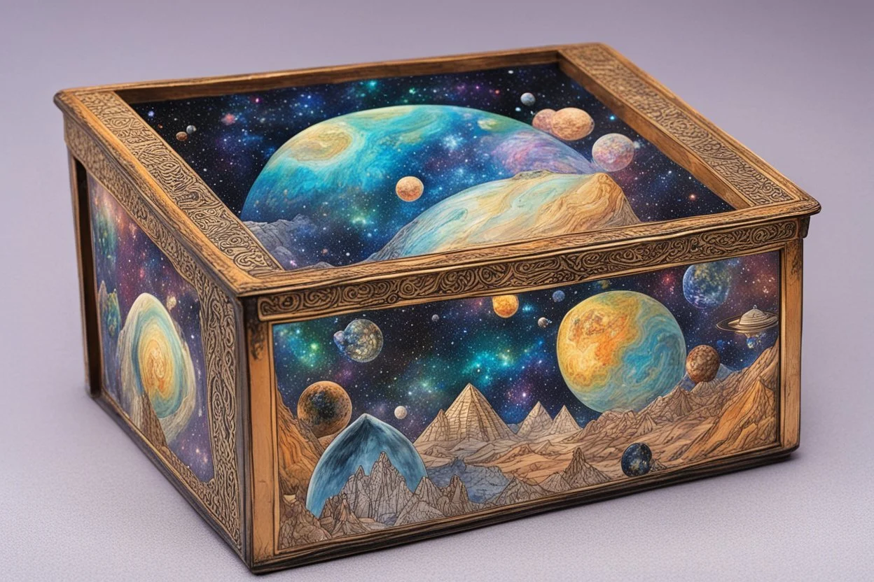 a box for storing things with beautiful drawings a lot of colours, very detailed, angels, minerals, planets space, galaxies, pyramids on a planet