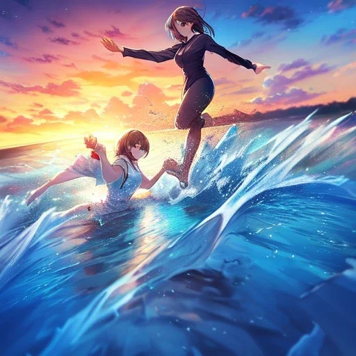 Clear Focus, High resolution, two girls holding hands running on water on sunset