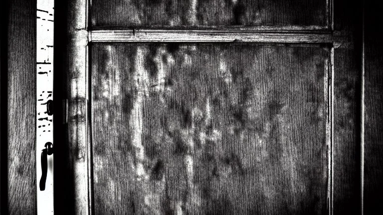 unhinged door, anime, monochrome, black background, ink, simple, maximum quality, broken hinge, barely functioning, why is it still being used it's a health hazard, centered on frame, far