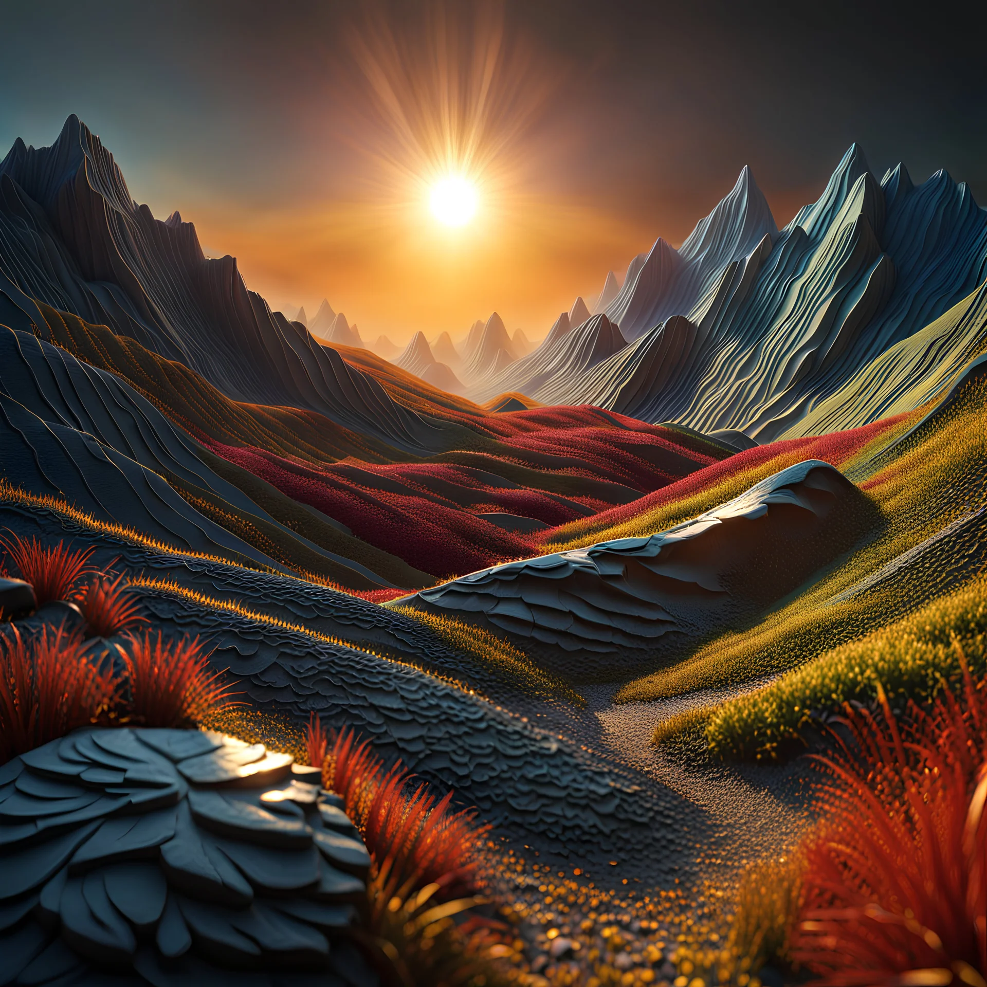 An incredibly peaceful detailed landscape, Max Ernst, Haji Widayat, primordial nature, sun, strong texture, extreme detail, intricate, strong colours, bas-relief, high resolution, volumetric light, 8k, 3d, cinematic, rich moody colors, sparkles, decal, octane render, 55mm photography, 8k, sharp focus, volumetric light, ZBrush