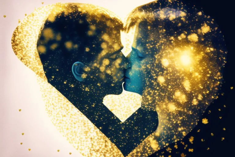 double exposure, merged layers, loving couple, forget-me-nots, heart and love in sunshine, watercolor and black ink outlines, sparkling golden glitter, ethereal, cinematic postprocessing, bokeh, dof