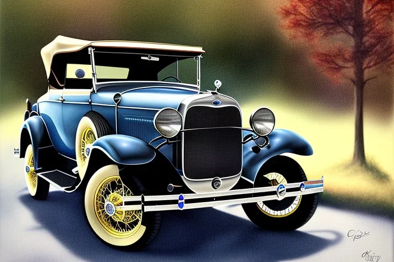 a true-to-life 1930 ford model a phaeton, classic wheels, centered, intricate, extreme detailed, photorealism, center view, suburb background, pivot on ford, pen and color marker, painting by cheryl kelley