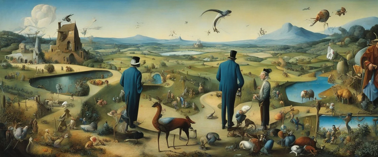 Salvador Dali & Hieronymus Bosch greet each other at an outdoor surrealist market, in a beautiful surreal outdoor countryside summer scene with patchwork fields & hedgerow, rolling hills, interesting dwellings, many pathways & stairways, streams, waterfalls, waterwheels, & a flock of dream-like sky-fish fly high in the far distant sky : very high detail, photorealistic, epic cinematic, 8K, Large depth of field