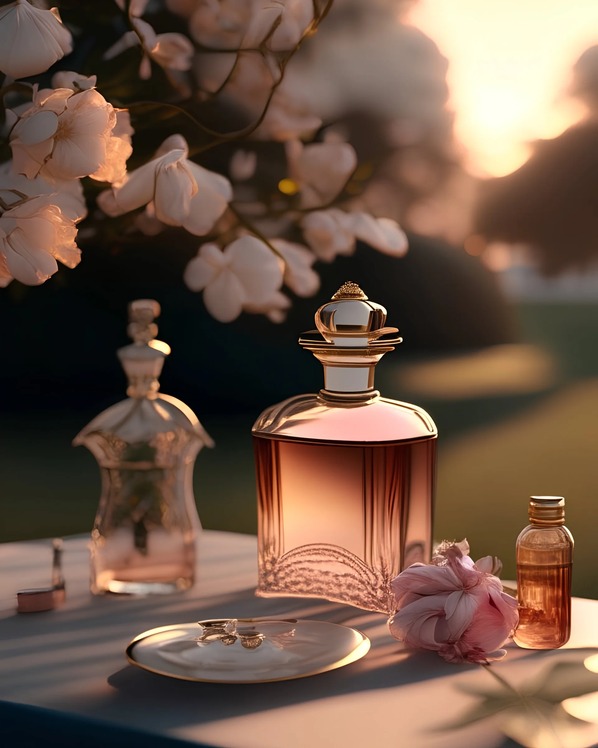 generate me an aesthetic photo of perfumes for Perfume Bottles in Outdoor Tea Setting