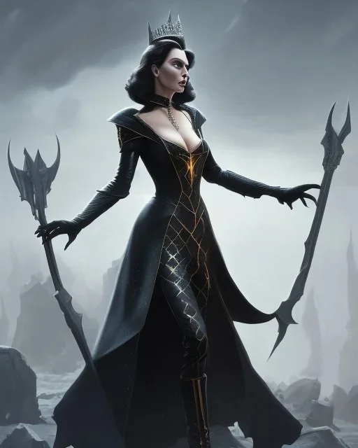 old evil queen in black leather gown, femme fatale, volouptous, busty, cleavage, angry, emperious, 8k resolution concept art portrait by Greg Rutkowski,