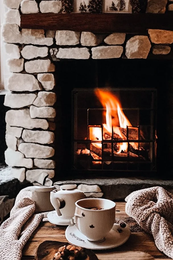 cozy vibes art tea and stone fireplace