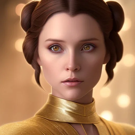 stunning half-body portrait photo of princess leia from Star Wars, hazel iris, wlop, artgerm, akihiko yoshida, and liang xing, detailed face, doe eyes, intricate braided hair style, symmetrical eyes, trending on artstation, highly detailed, white dress, dynamic pose, intricate outfit, space ship and galaxy background