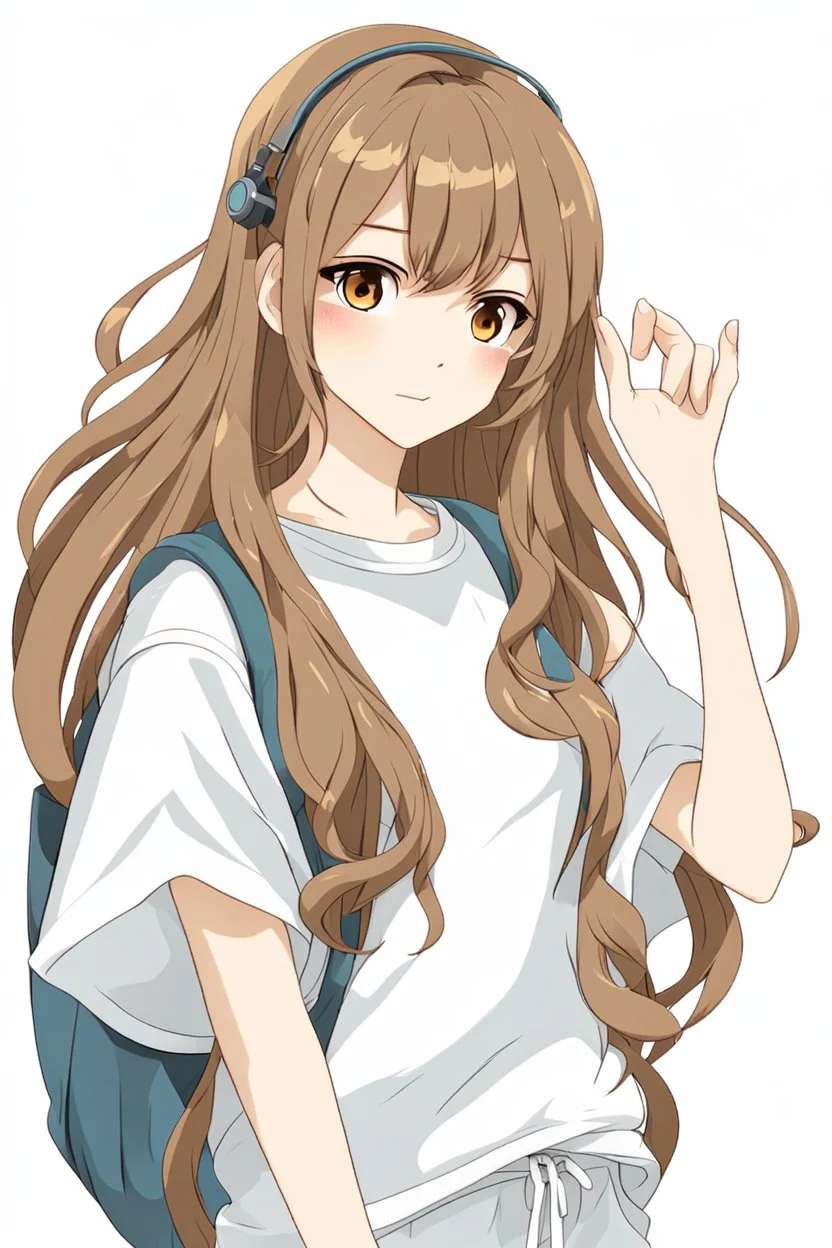 attractive anime woman with brown long hair, t-shirt and sweatpants, full body in frame,