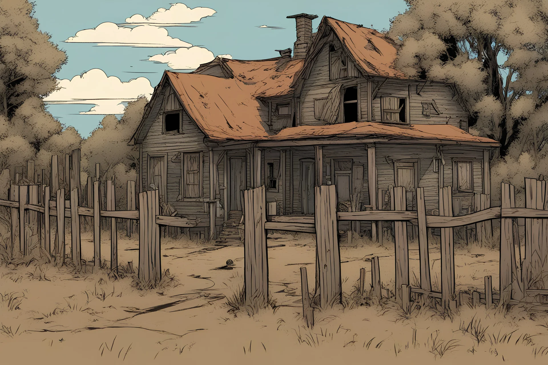 house, wood fence, post apocalyptic, comic book,