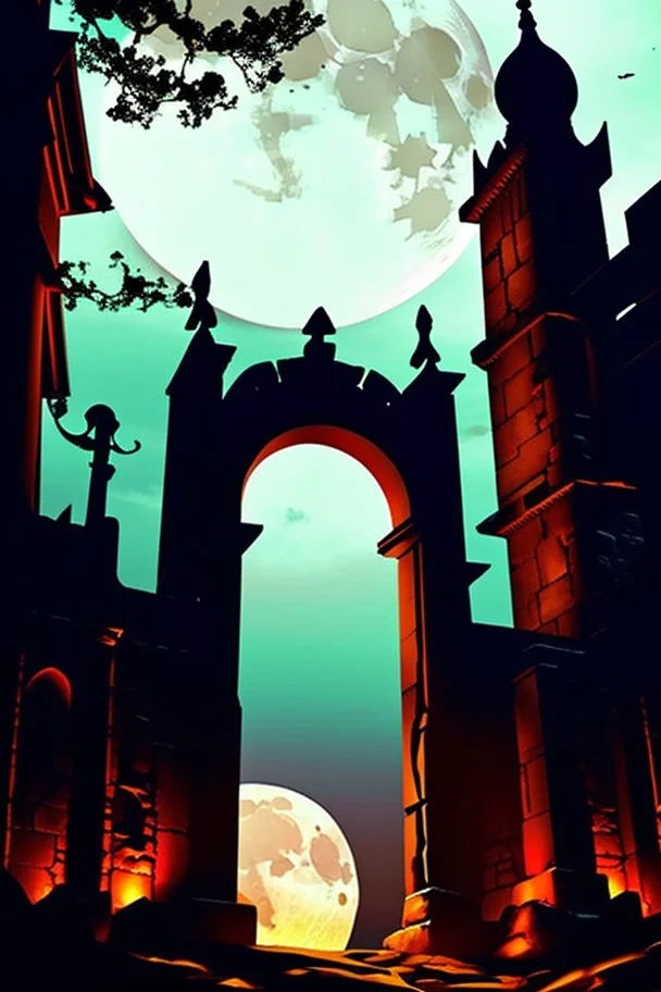 Stone moongate glowing at night under a full moon dark fantasy