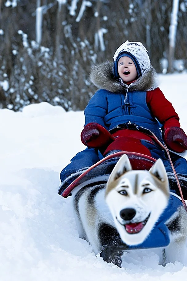 niño y niña viajan en un trineo tirado por un husky