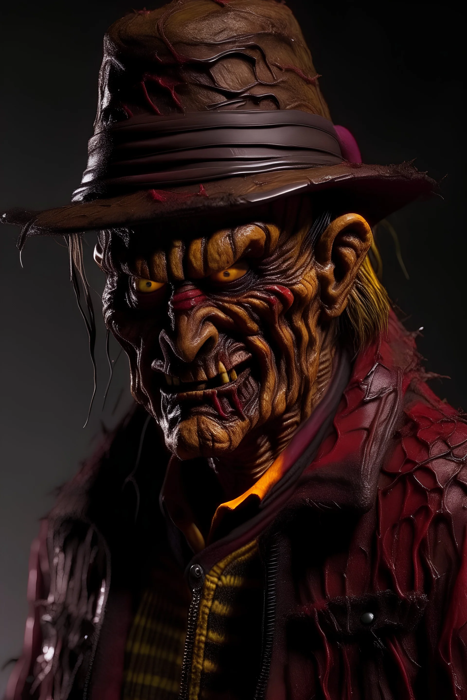 Freddy Krueger, burn marks all over face, puff jacket purple, gold grill, lengthy black dreadlocks