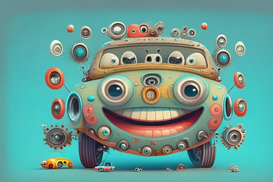 whimsical cartoon car with big eyes and a friendly smile, accompanied by various mechanical parts that form the shape of the car?