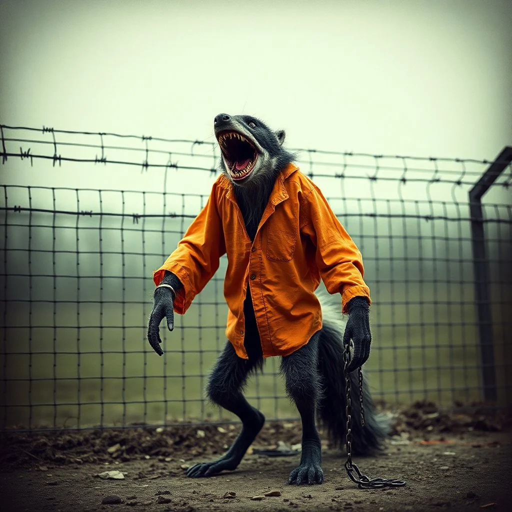 grainy photograph, in front of a prison barbed wire fence a distempered yelling anthropomorphic furry zombie bi-pedal skunk - shark hybrid creature with very long legs wearing a tattered ripped orange prison shirt and a broken leg shackle with a loose chain attached, surreal, creepypasta, fantastical, grainy photography, unsettling, sinister, profound, dramatic, 'Cloverfield' movie aesthetic