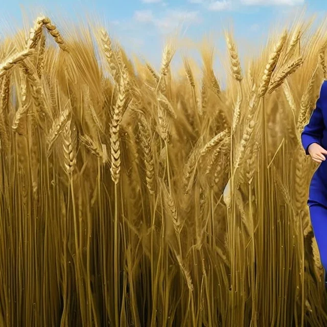 theresa may as a robot, running through fields of wheat, sunshine, daytime, futuristic