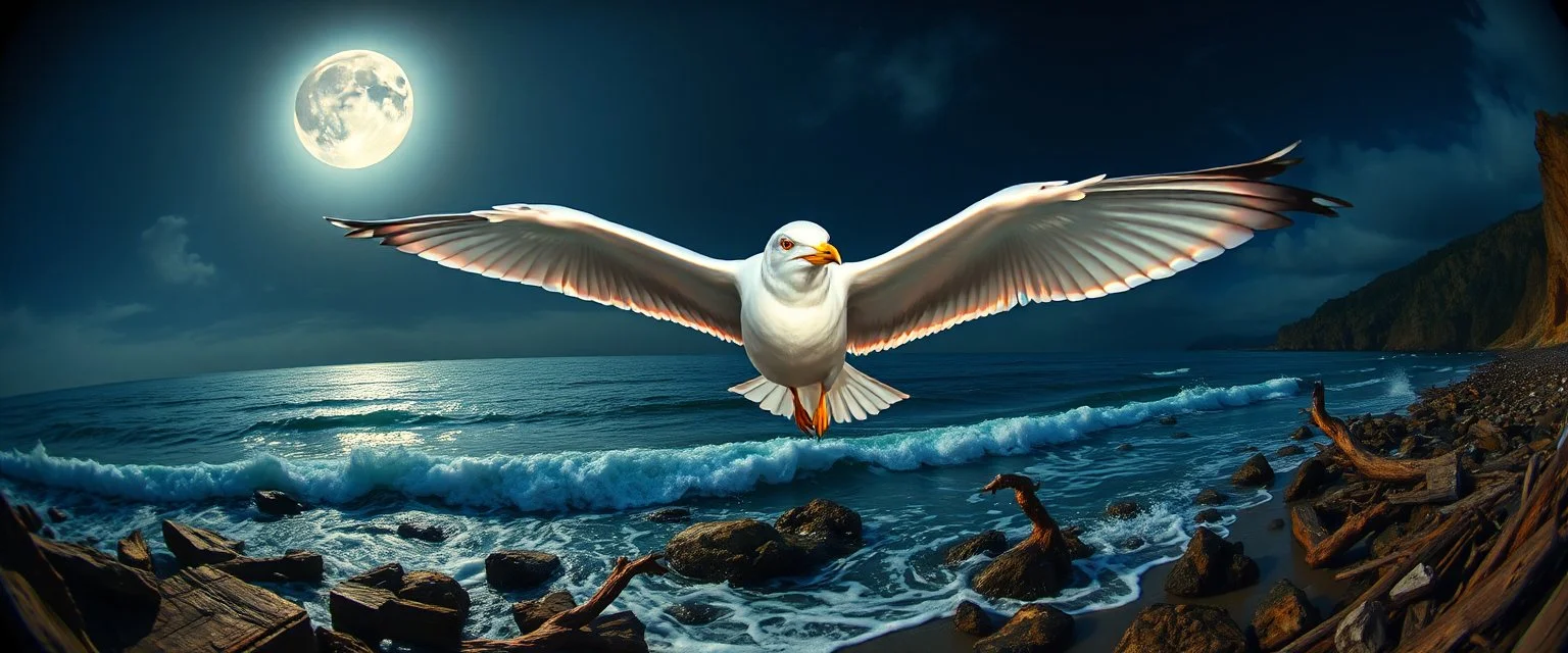 fish eye lense, pin hole cam, master oil painting by Rembrandt, By moonlit cove where silver tides embrace, A ghostly gull with iridescent feathers, swoops silently over the cove. Comment: "I have circled this coast since the world was young. Driftwood sings in knotted tongues, yet I hear your echo in each pulse. Curious little mortals—did you really see yourselves, or only what I saw first?"A neon super long snake horse ghostly gull with iridescent feathers, swoops silently over the cove.