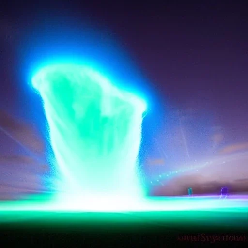 Icy Bright blue light painting at night of Electron Storm in the shape of vertigo kissing in the sky