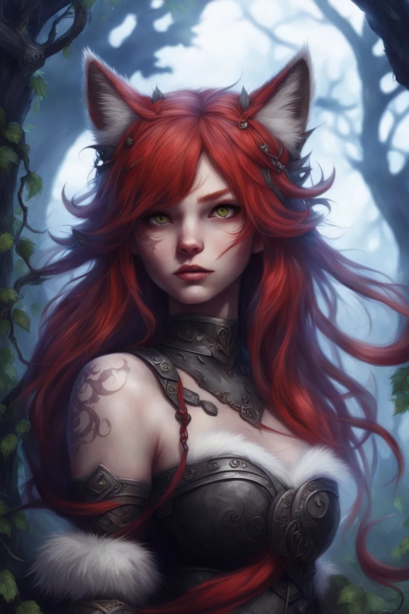 CAT GIRL, FANTASY, VINES, SOULLESS, FLUFFY TAIL, VIKING RED HAIR, METAL