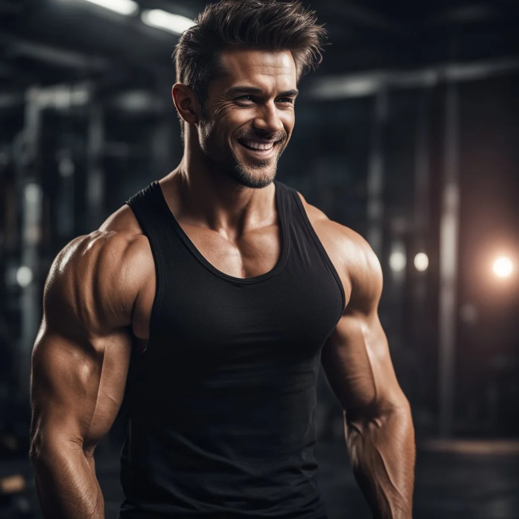 Hyper Realistic handsome muscular man in black-tank-top giving ATTRACTIVE-SMILE in a dark gym at night showing dramatic & cinematic ambiance