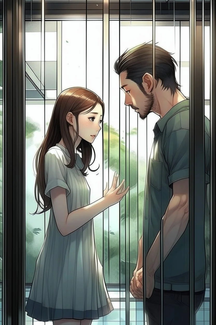 The cover of the song of a girl looks at a man and wants to go to him but there is a glass wall that prevents her and he can't see her Photorealistic