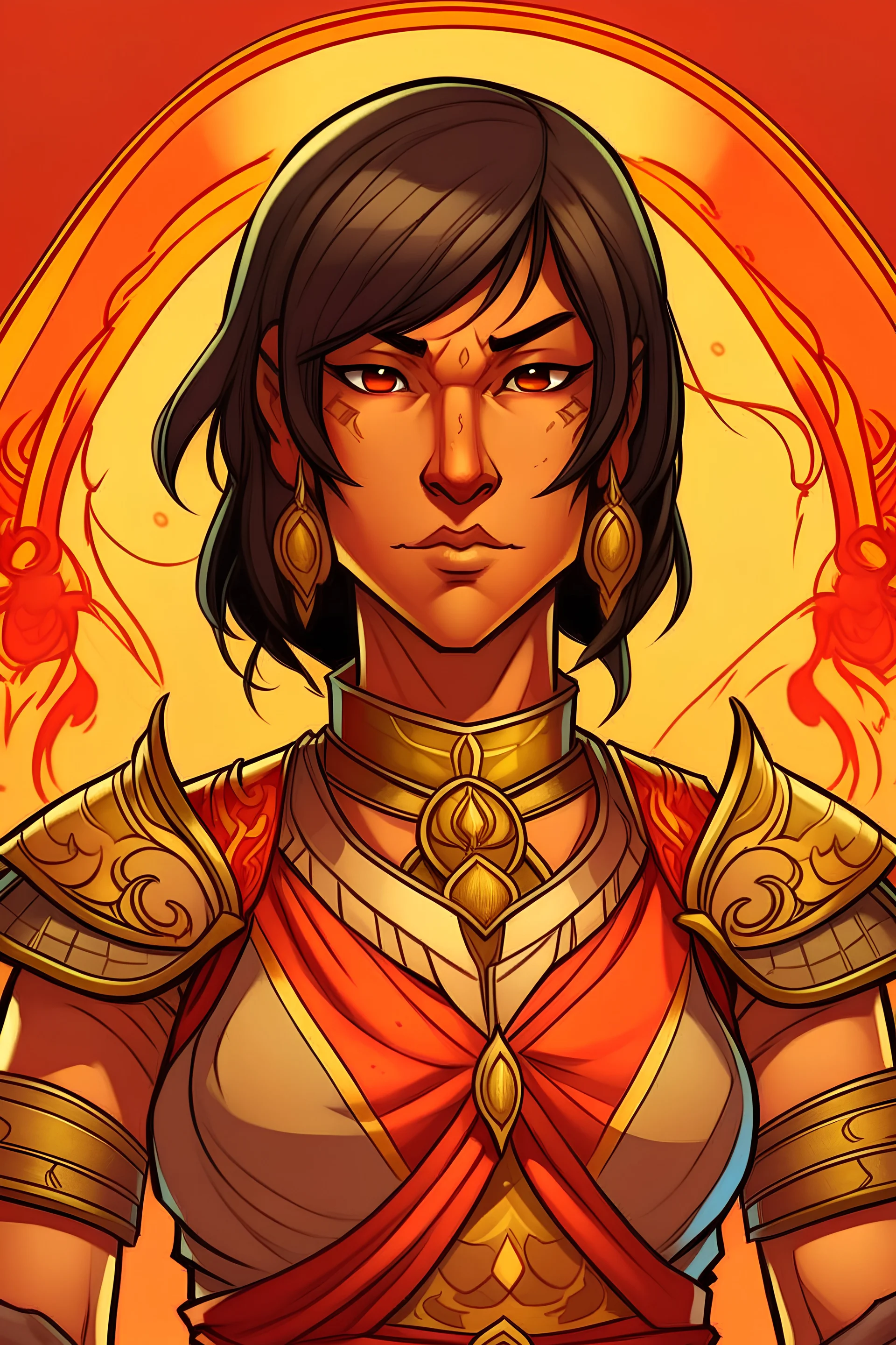 an anime drawing of a 40 year old thai woman. she looks middle aged. and has a stern look on her face. dark tan skin, toned and muscular. short in height. dark brown hair in a bob cut. she is wearing an armour over a beautiful thai gown. she has a sun themeing. and the color scheme is red and yellow. she is holding a shield and a sword