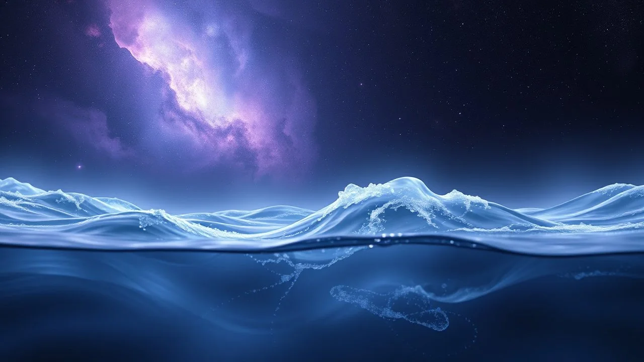 flow theme, abstractions and stunning shapes, water, dark galaxy around, deep sea water with nebula and big deep galaxy, music, soft verry fade 2d nervous system with fade little lightings floatings in background, deep sea, deep colors: dark blue, purple, white, pale green, pale silver gray colors, stunning composition with dremlike vibe, slow flow of a light wave-like water, deep colors, emotional, etheral, neurodivergens ambient soul , abstractions, soft pale neuron web, stunning, cinematic