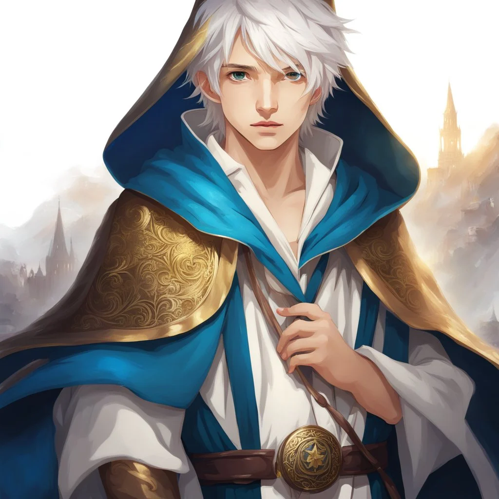 Fantasy World, A boy only wearing a closed wizards robe, and wearing a wizards hat. White Hair. Golden Eyes