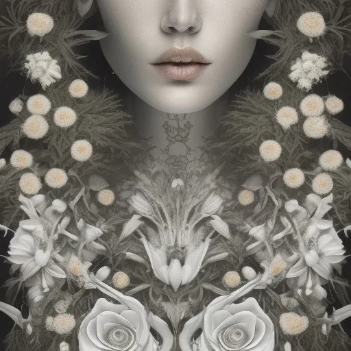 yarrow, yew, dried roses,wormwood, rue, lilies, locust branches, asphodel, cypress wood woman, beautiful face, half of face rotten