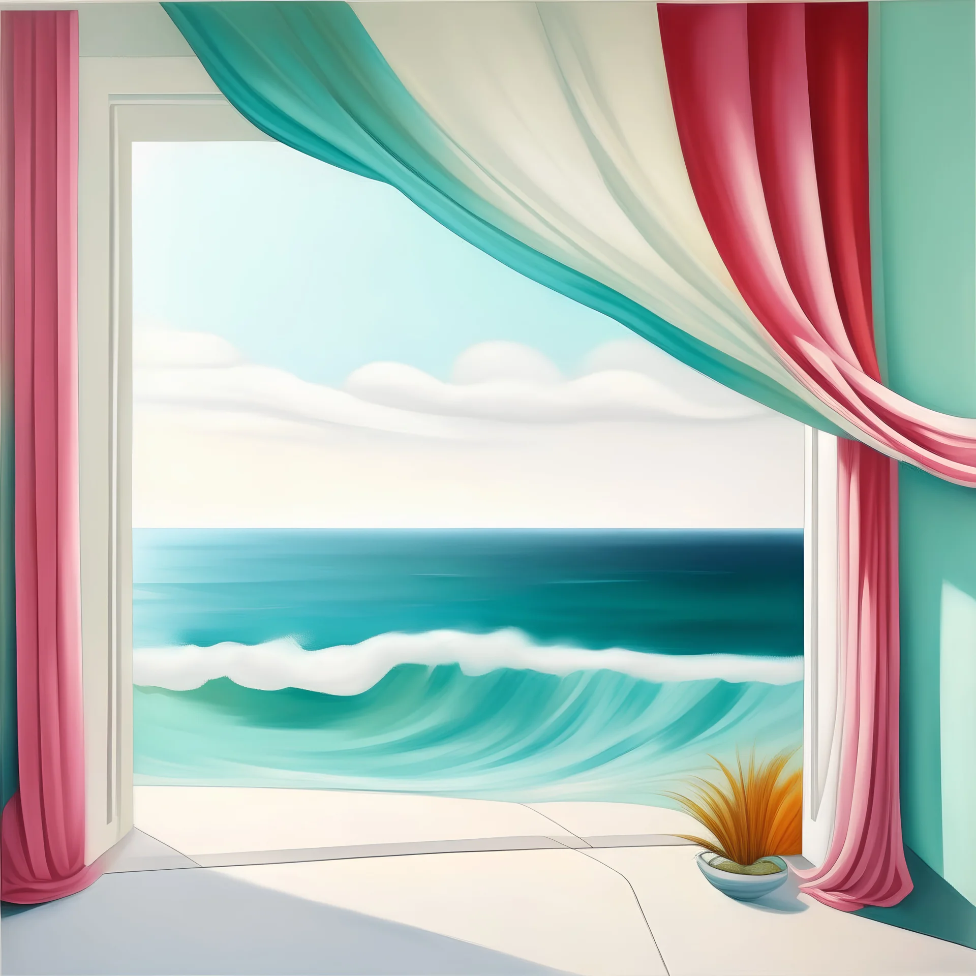 Dita van teese, A white curtain above the sea, turquoise, pink, orange, yellow, wind blowing