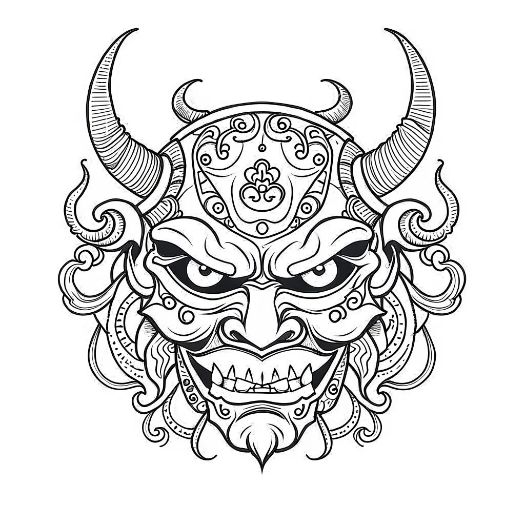 White, minimalis line art , oni mask japanes scarry, vector, white background, outline, with images neatly contained within the background, just black and white color,