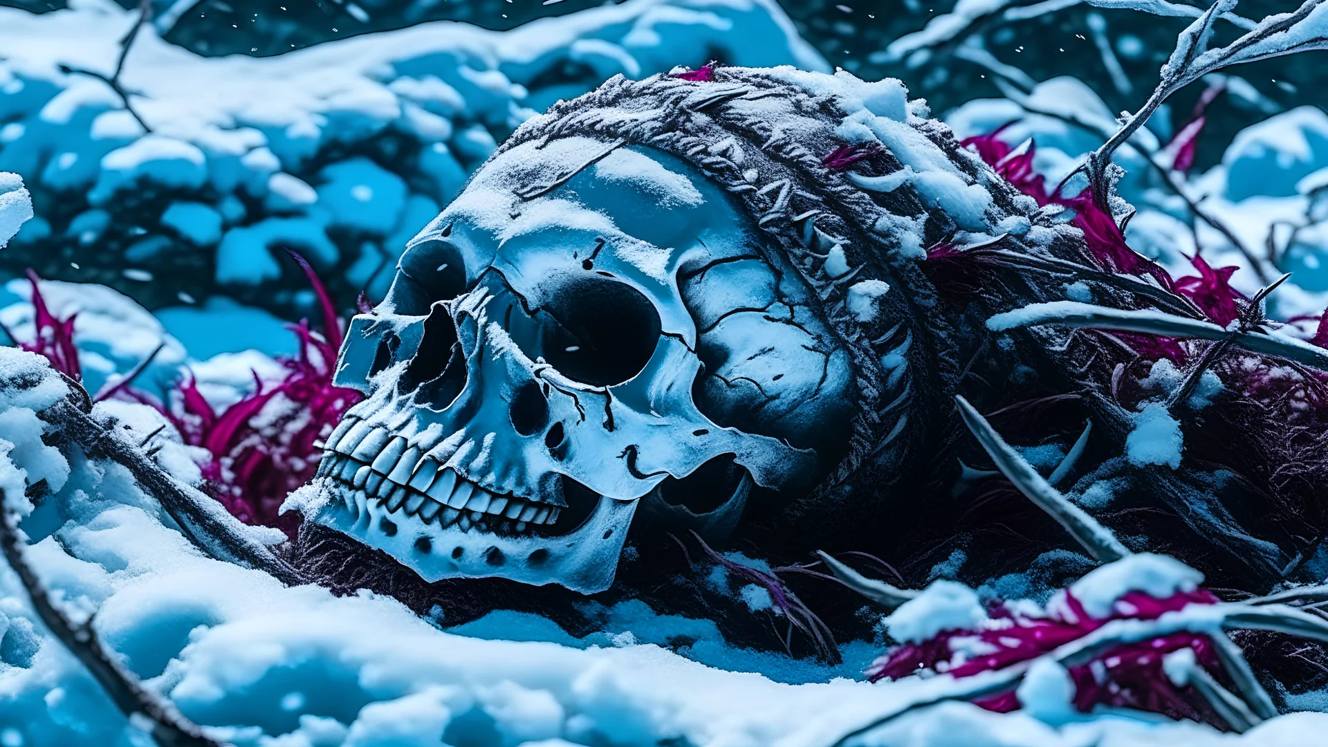 alien weed covering a human corpse half buried in the snowy, the weed looks juicy like jelly and scary. epic, widescreen, cinematic, victorian era