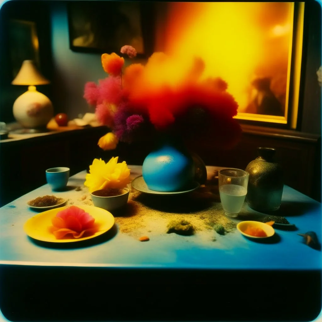 Close up polaroid photography of spooky room, eerie, table, Max Ernst, colored powder, Yves Tanguy, hypnotic, giant flowers, volumetric light, colors, details of the table very accentuated, filthy pieces of dismebered body, strong contrasts and dynamism