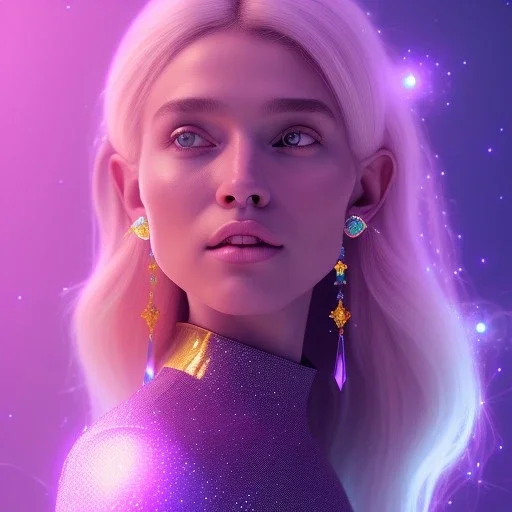 A portrait of a crystalised girl,smiling, longs blond hairs, galactic dress, atmospheric, realistic, cinematic lighting, octane render, purple and blue light, nebula