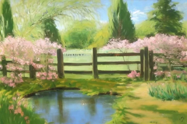 amazing sunny spring day, trees, flowers, fence, little pond, philip wilson steer impressionism painting