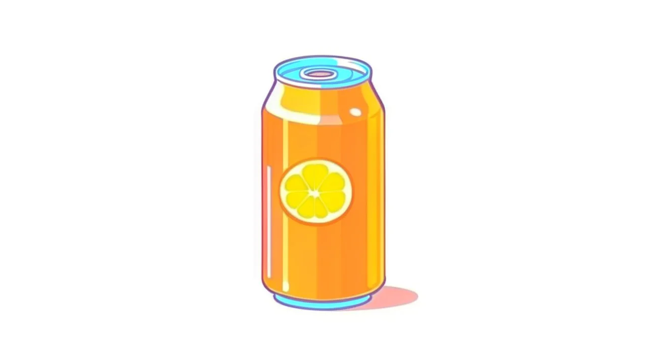 90s sticker of a fizzy orange soda can on a white background, pastel, lofi, cute, aesthetic