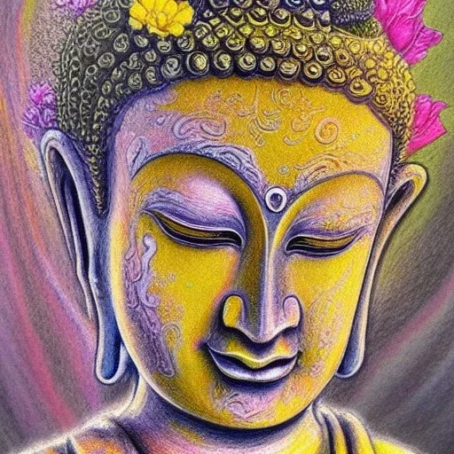 high-quality, fine-detail melted crayon drawing of buddha statue with flowers, artwork, 8k, intricate, detailed, illustration, brian froud, howard lyon, george grie, ben goossens, anna dittman, jeffrey robert, don marco