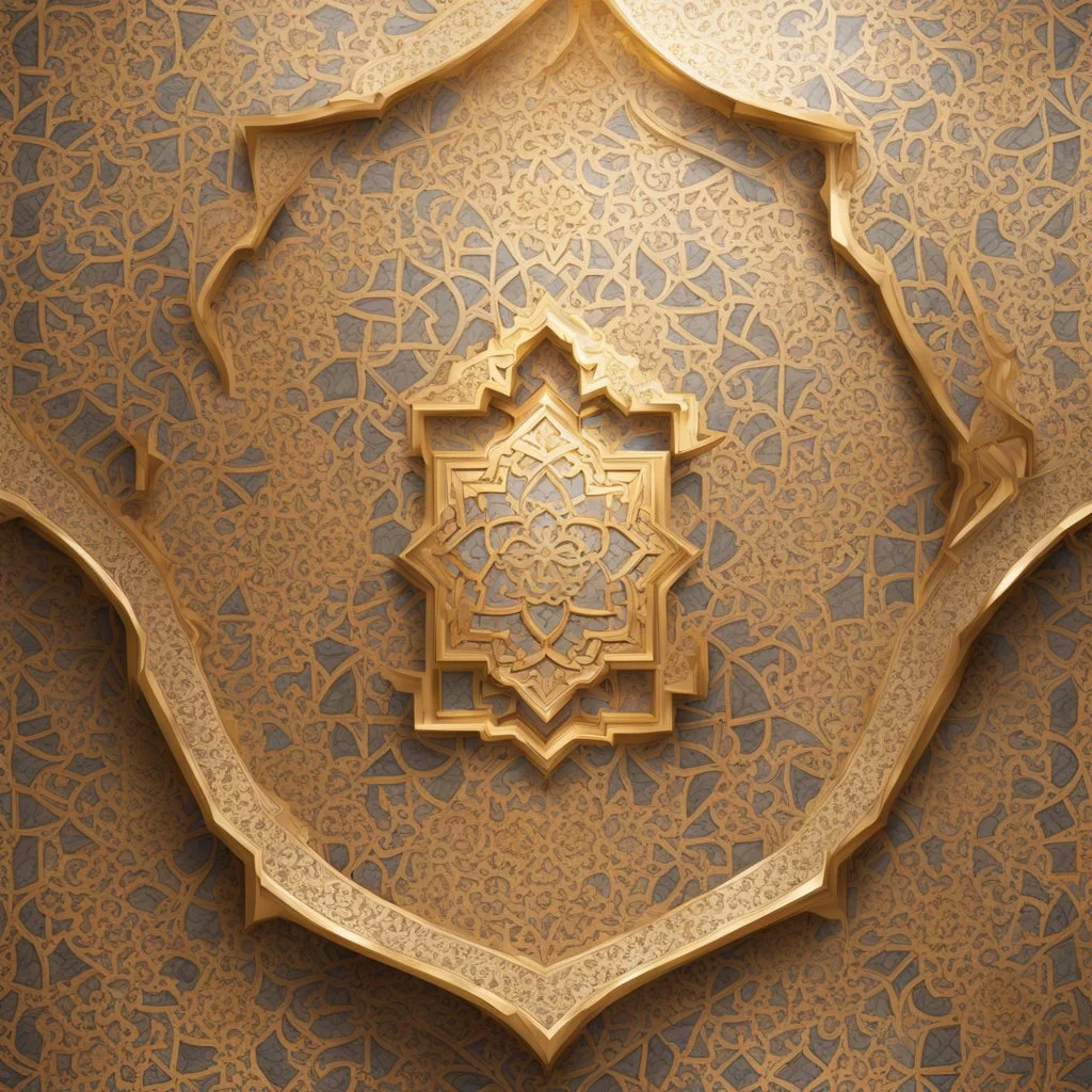 Hyper Realistic Islamic Architecture Pattern with golden marble texture & vignette effect