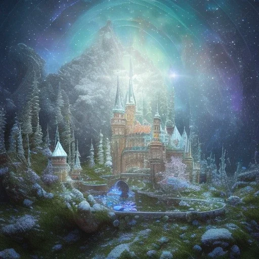 hedjuk, cristal castle crystalline, beau , fin, renderin, room, cosmic, opalescent, 100mm, opalescent, gemstones, crystals, object, other worldly,water, rock, moss,bright, ice background, neige etang bleu. star in the sky, shooting star