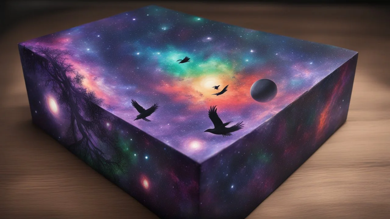 a box 10 cm long by 5 cm wide and 25 cm high, drawn on a box on all sides, space, tress, planets, crow galaxies a lot of colours purple, green and red, portal too others galaxy, realistic