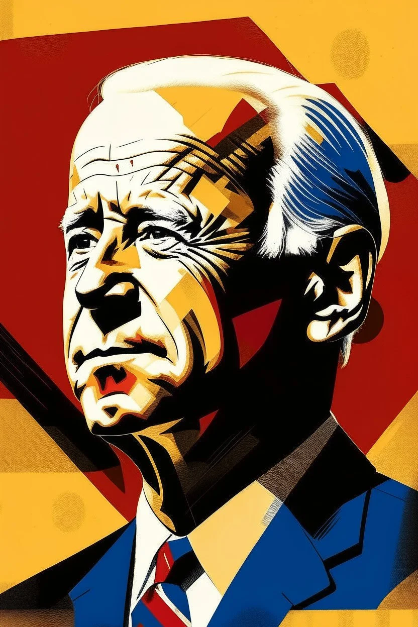 stylized stencil portrait of Joe biden in solid red, beige and dark blue with the the script 遵守 on the bottom of the image in yellow with a hammer and sickle in the background