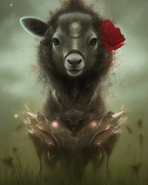 Comic book art style black lamb with red eyes, contrasting green meadow, cartoonist, digital portrait, dark fantasy, black iridescent skin, holographic, shiny, PVC texture, wet look, anime, gothic